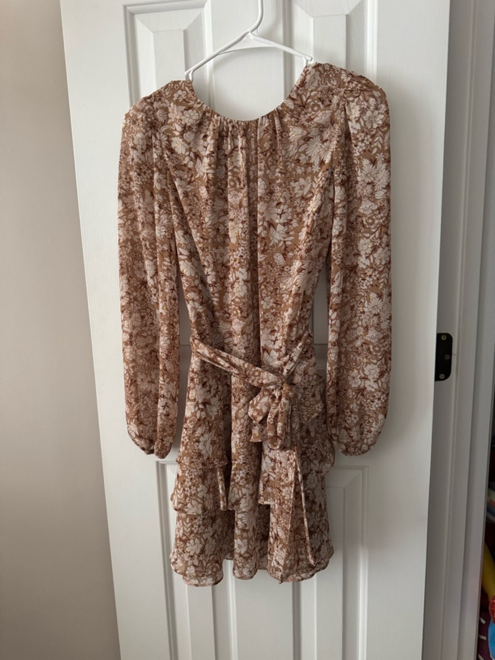 Express Brown Floral Long-Sleeve Tie-Waist Mini Dress